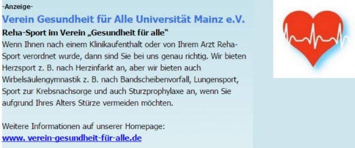 Anzeige des Vereins Gesundheit für Alle Universität Mainz e.V.
