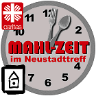 MAHL-ZEIT-Logo von Manfred Bartl; die Uhr mit L&ouml;ffel und Gabel als Zeigern zeigt kurz nach ein Uhr, Mittagszeit!